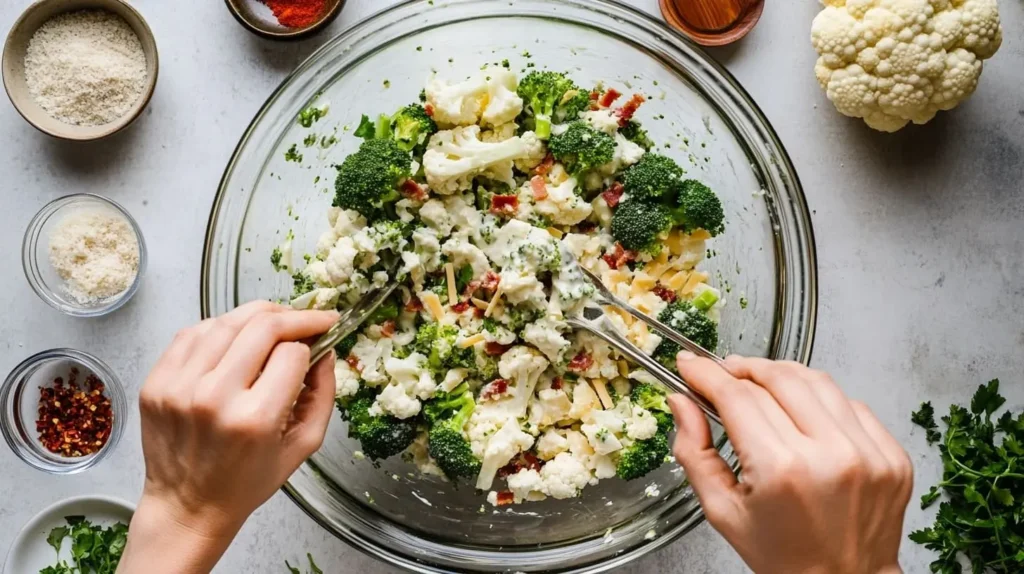 Step-by-step preparation of broccoli cauliflower salad with fresh ingredients.