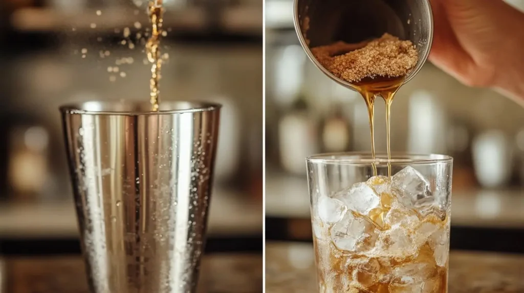 Step-by-step process of making brown sugar shaken espresso in a cocktail shaker.