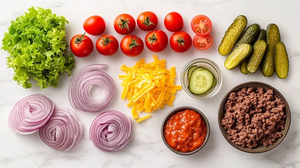 Flat lay of burger bowl ingredients, including ground beef, lettuce, and fresh toppings.