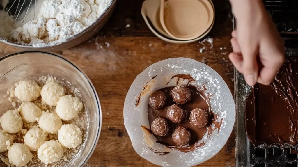 Step-by-step process of rolling and dipping cake balls in melted chocolate.