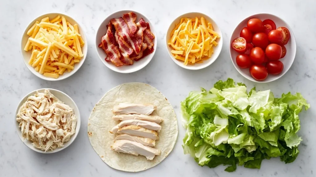 Flat lay of ingredients for Chicken Bacon Ranch Wrap, including chicken, bacon, and fresh veggies.