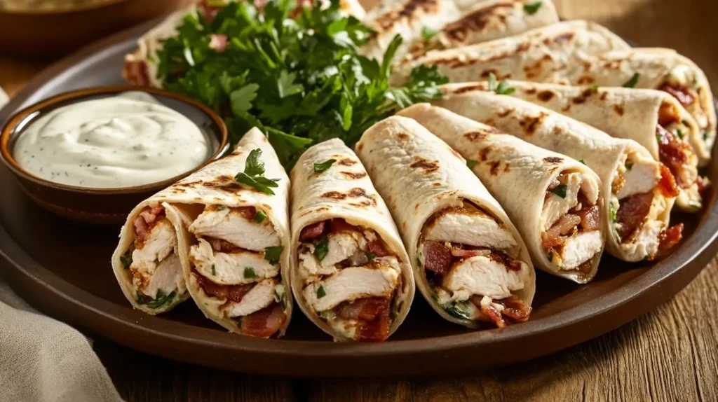 A platter of Chicken Bacon Ranch Wraps sliced into smaller portions, served with ranch dressing.