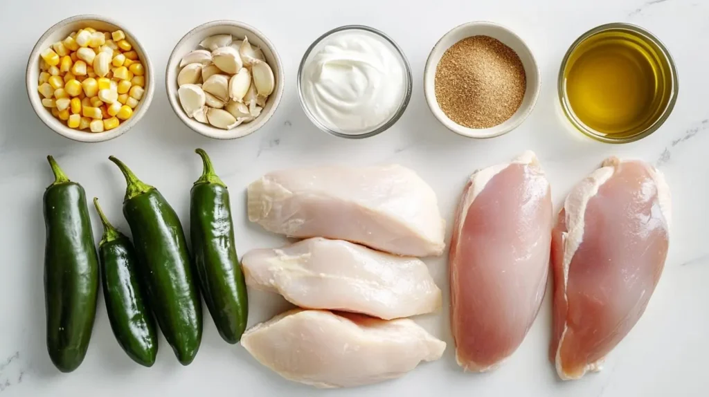 Flat lay of ingredients for Chicken Poblano Soup, including chicken, peppers, and broth.