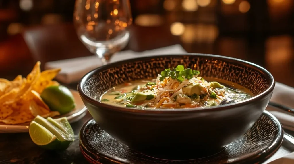 Chicken Poblano Soup served with toppings and sides like lime wedges, tortilla chips, and avocado.