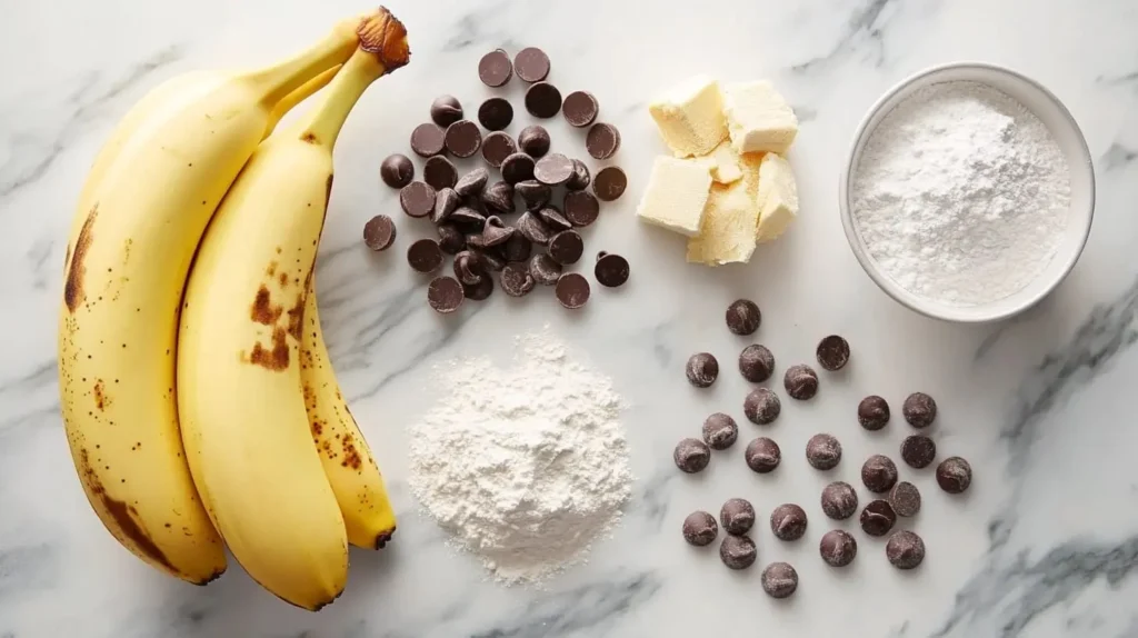 Flat lay of ingredients for chocolate chip banana bread, including bananas and chocolate chips.