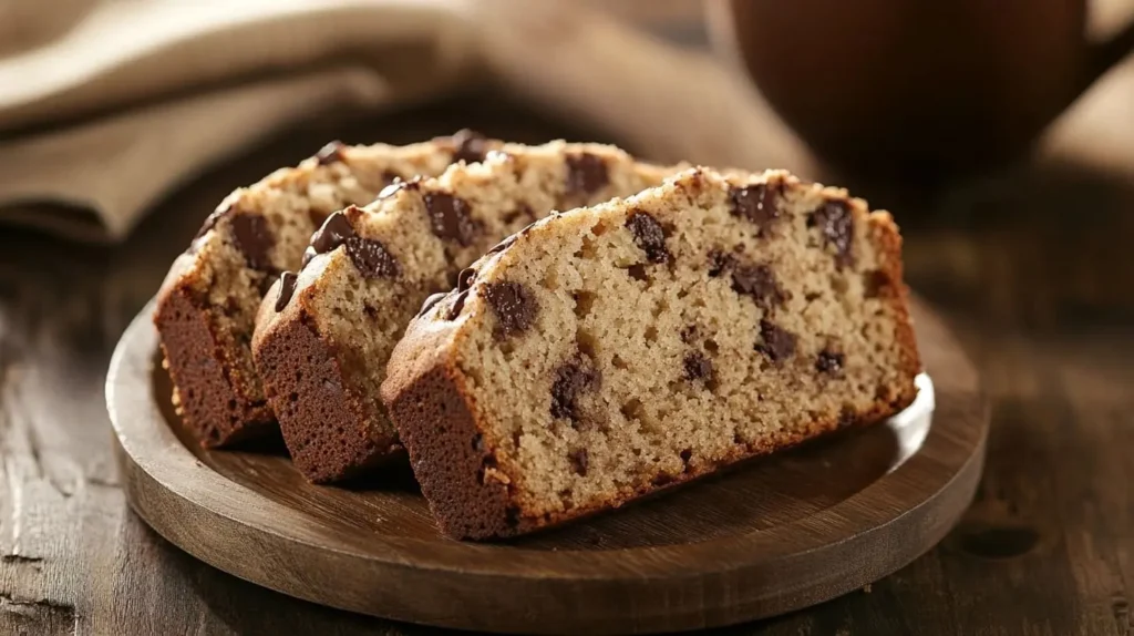 Slices of chocolate chip banana bread on a plate, served with coffee.