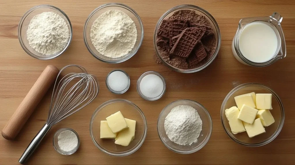 A flat lay of chocolate wafer cookie ingredients, including cocoa powder, flour, sugar, butter, and milk, arranged on a wooden kitchen counter.