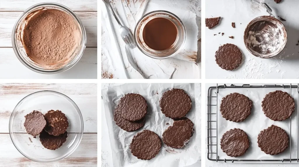 A four-step visual guide showing how to make chocolate wafer cookies, from mixing ingredients to rolling, cutting, and baking the cookies.