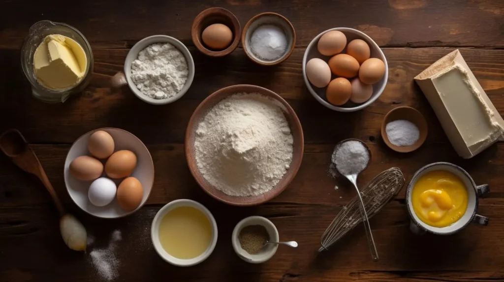 Neatly arranged ingredients for making cornmeal pancakes, including cornmeal, flour, eggs, buttermilk, and butter, on a rustic wooden counter.