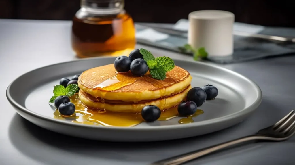 A perfectly plated cornmeal pancake drizzled with honey, garnished with fresh berries, and served with coffee in a cozy breakfast setting.