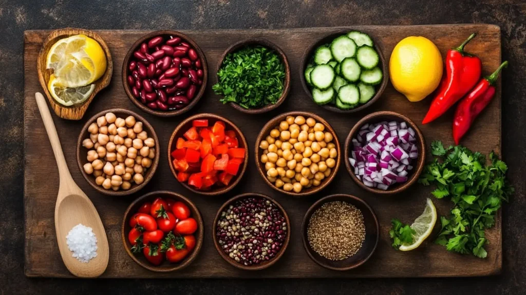 A flat lay of fresh ingredients for a dense bean salad, including chickpeas, black beans, kidney beans, vegetables, herbs, and seasonings.