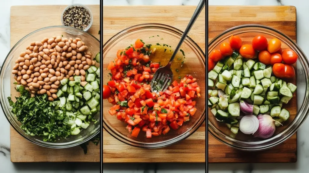 A step-by-step collage showing how to prepare a dense bean salad, from rinsing beans and chopping vegetables to mixing ingredients and adding dressing.