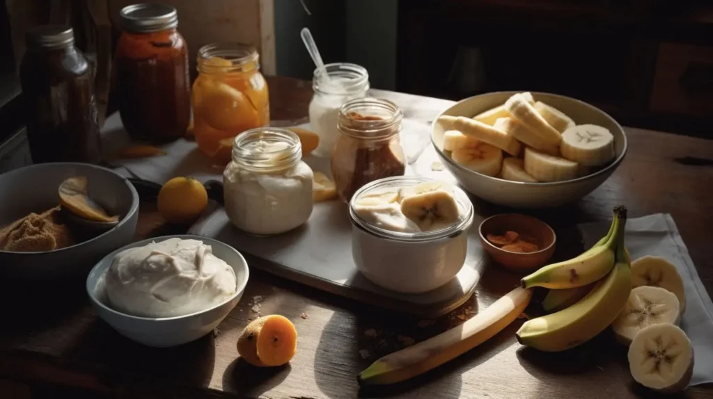 Neatly arranged ingredients for dog ice cream, including banana, peanut butter, plain yogurt, and pumpkin puree, on a wooden kitchen counter.