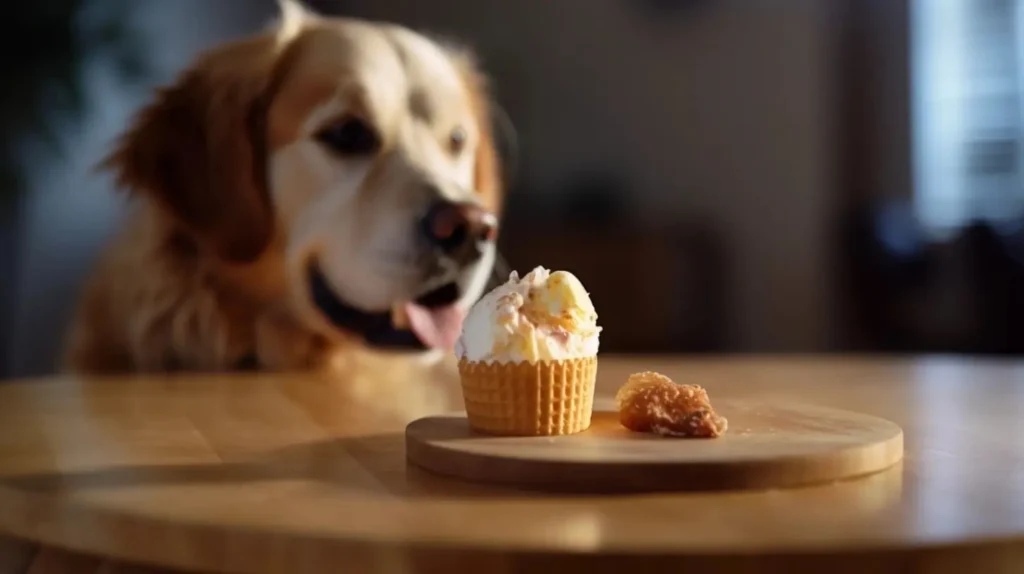 A cup of frozen dog ice cream with a dog biscuit on top, slightly melting, with a golden retriever sniffing near it.