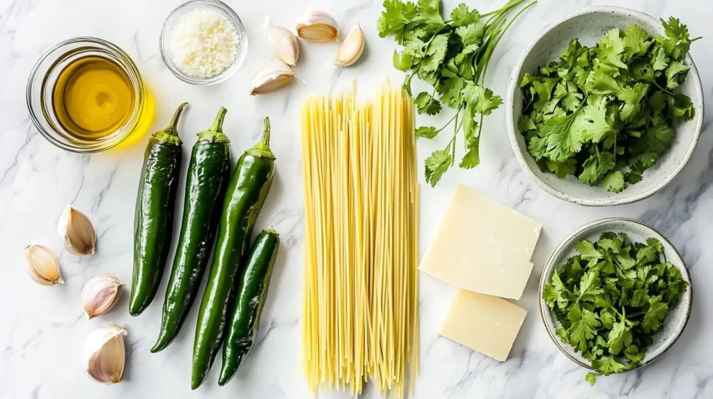 Flat lay of ingredients for green spaghetti, including roasted poblano peppers and fresh cilantro.