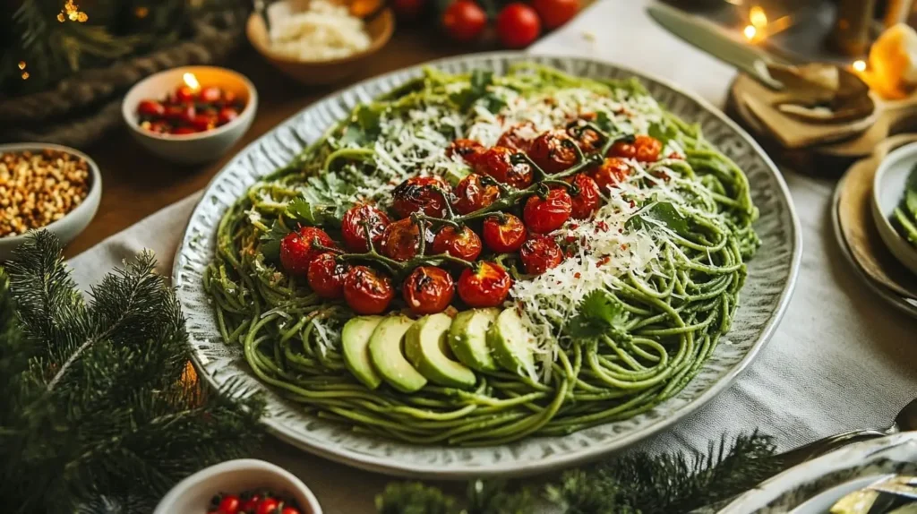 Green spaghetti served family-style with roasted cherry tomatoes and avocado on a large platter.