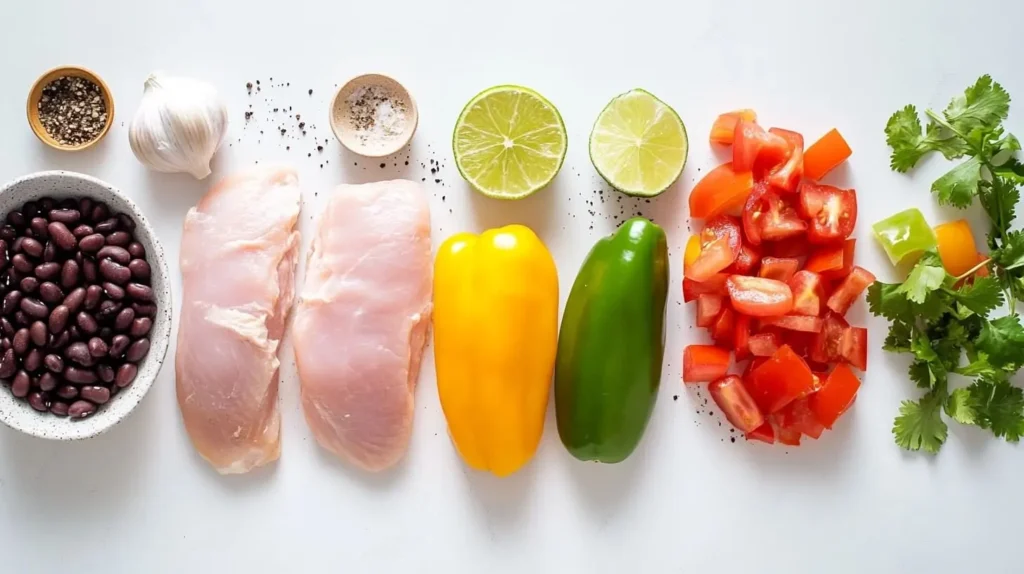 Fresh ingredients for healthy chicken tortilla soup, including chicken, black beans, vegetables, and spices, arranged on a counter.