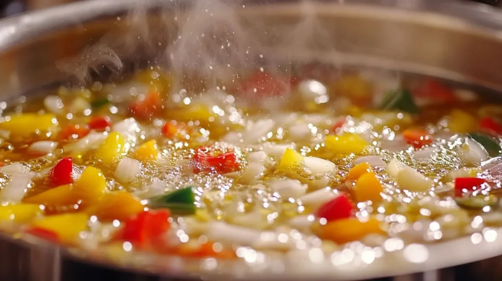 Onions, garlic, and bell peppers sautéing in olive oil in a pot for chicken tortilla soup.