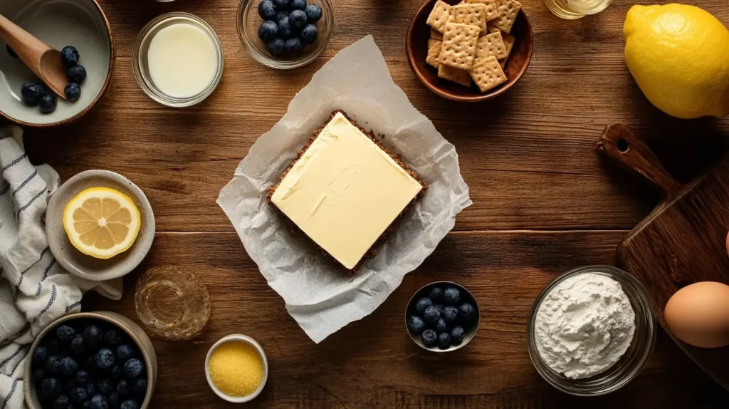 A beautifully arranged set of ingredients for lemon blueberry cheesecake, including cream cheese, graham cracker crumbs, fresh blueberries, lemon, sugar, and eggs, displayed on a rustic wooden counter.