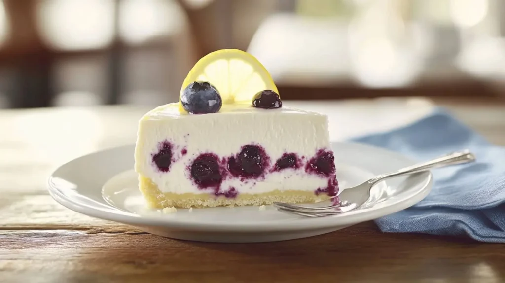 A slice of lemon blueberry cheesecake on a dessert plate, garnished with fresh blueberries, a lemon slice, and a drizzle of blueberry sauce.

