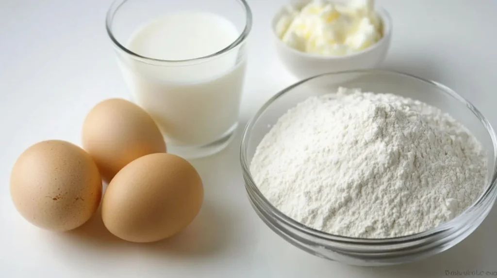 Flat lay of ingredients for mini pancakes, including flour, sugar, milk, and eggs.