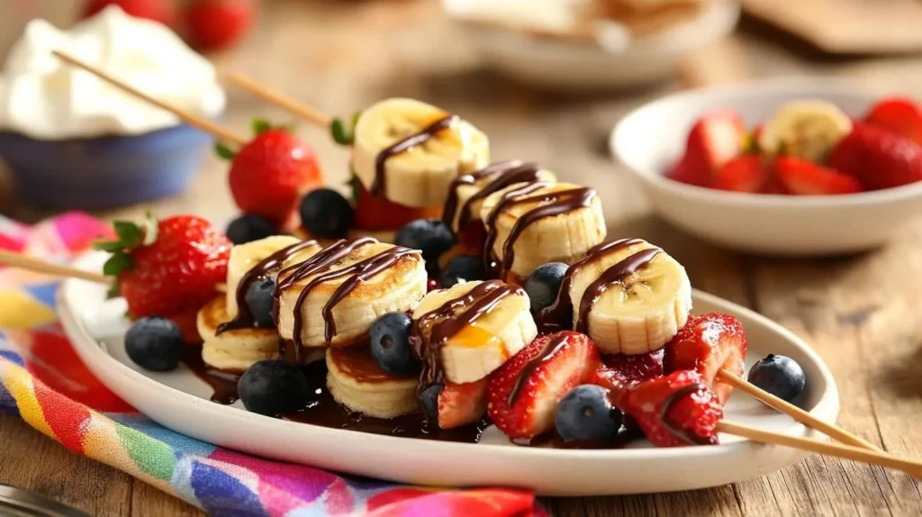 Mini pancake skewers with fruit and drizzles of chocolate and caramel on a party platter.