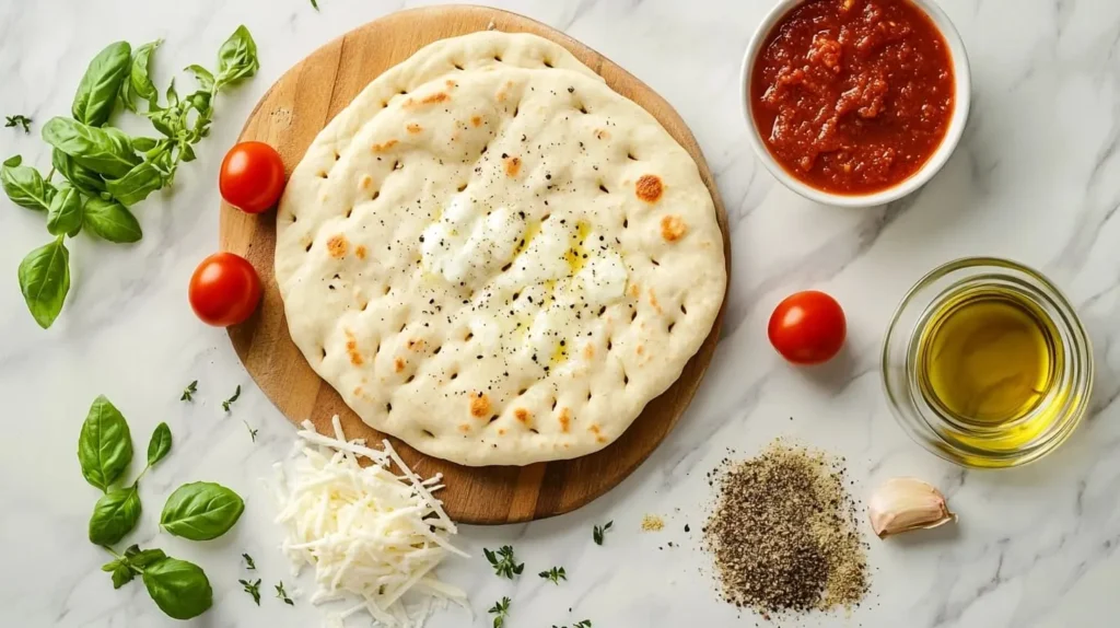 Flat-lay of naan bread pizza ingredients: naan, sauce, cheese, and seasonings.