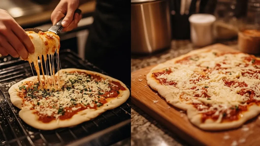 Step-by-step process of assembling naan bread pizza with sauce, cheese, and toppings.