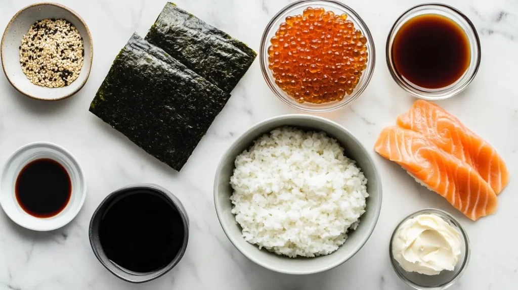 Flat lay of ingredients for salmon sushi bake, including rice, salmon, and seasonings.