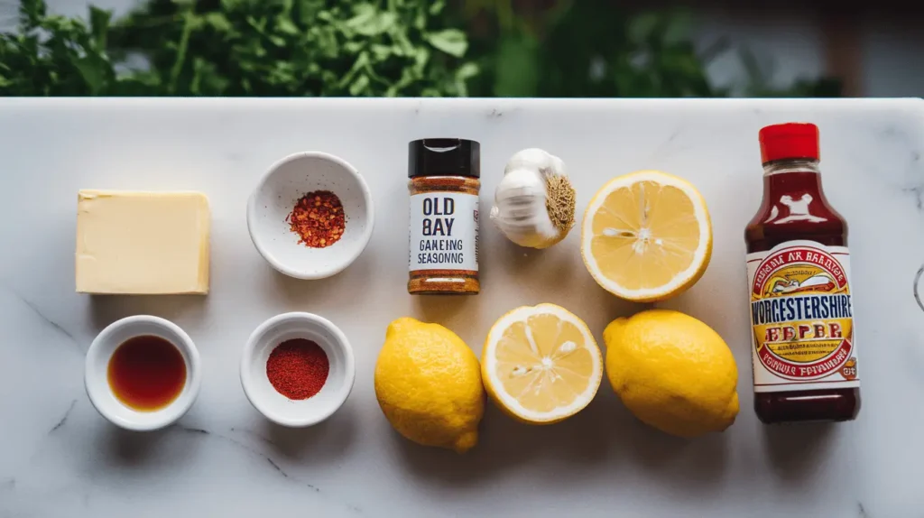 Flat lay of seafood boil sauce ingredients, including butter, garlic, and spices.