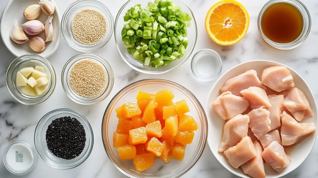 Ingredients for easy orange chicken, including chicken breast, orange juice, soy sauce, brown sugar, and seasonings, displayed on a marble countertop.