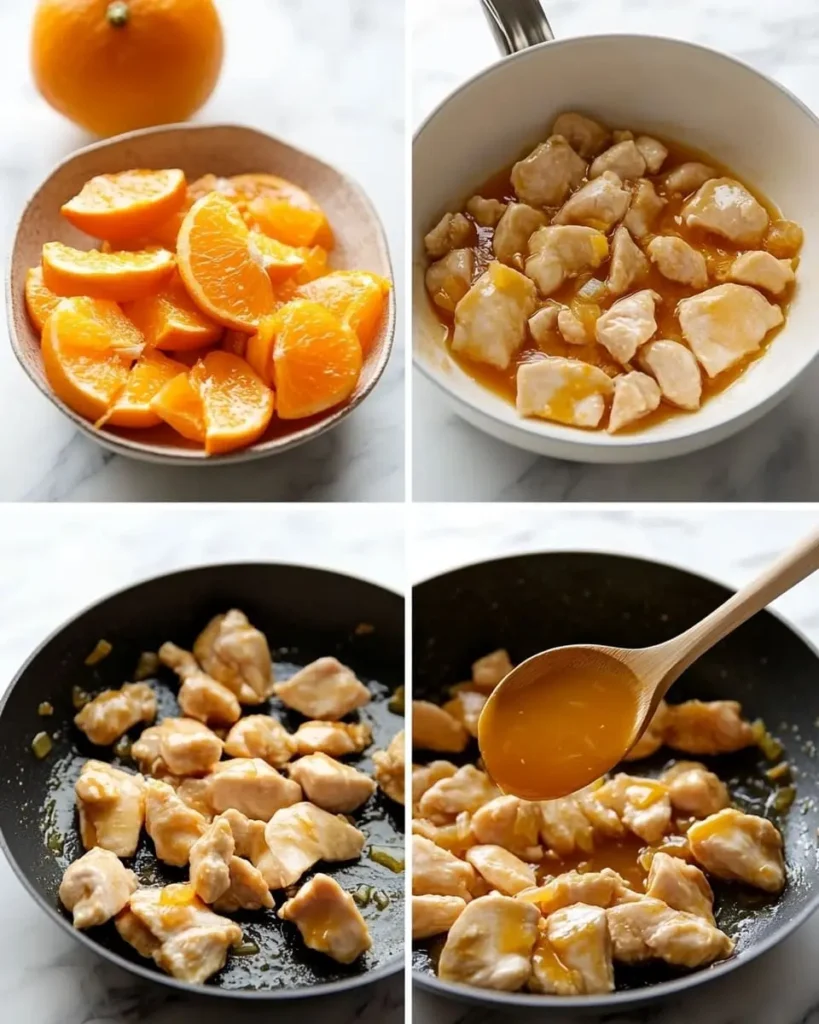 Step-by-step process of making easy orange chicken, showing chicken preparation, sauce mixing, cooking, and serving on a marble countertop.