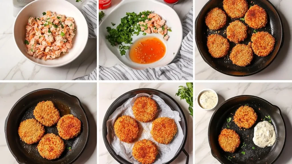 A step-by-step guide to making Southern salmon patties, from mixing ingredients and shaping patties to frying and serving, set on a marble countertop.

