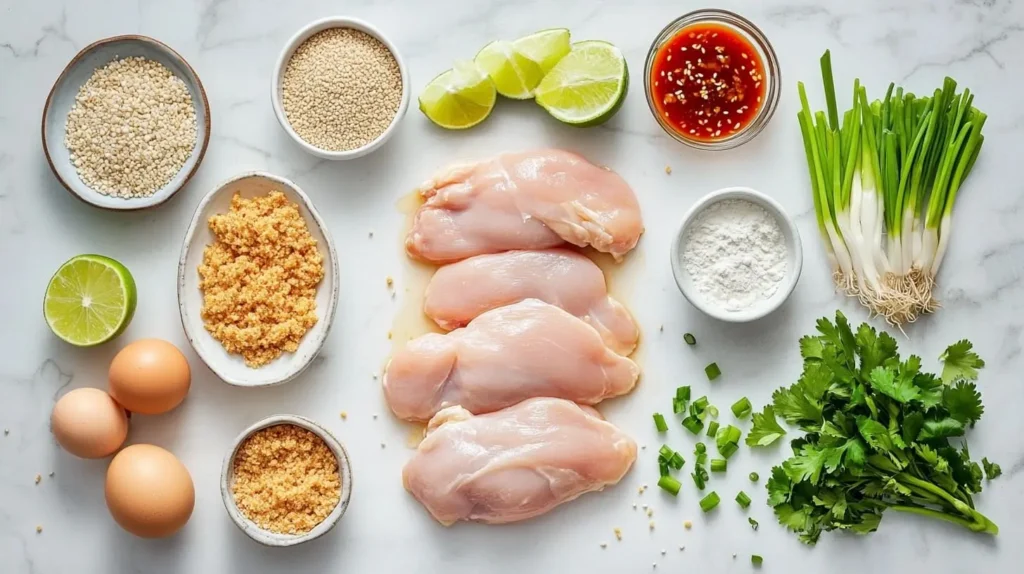 A flat lay of Bang Bang Chicken ingredients, including chicken, breadcrumbs, eggs, sweet chili sauce, sriracha, mayo, and fresh herbs, arranged on a marble countertop.

