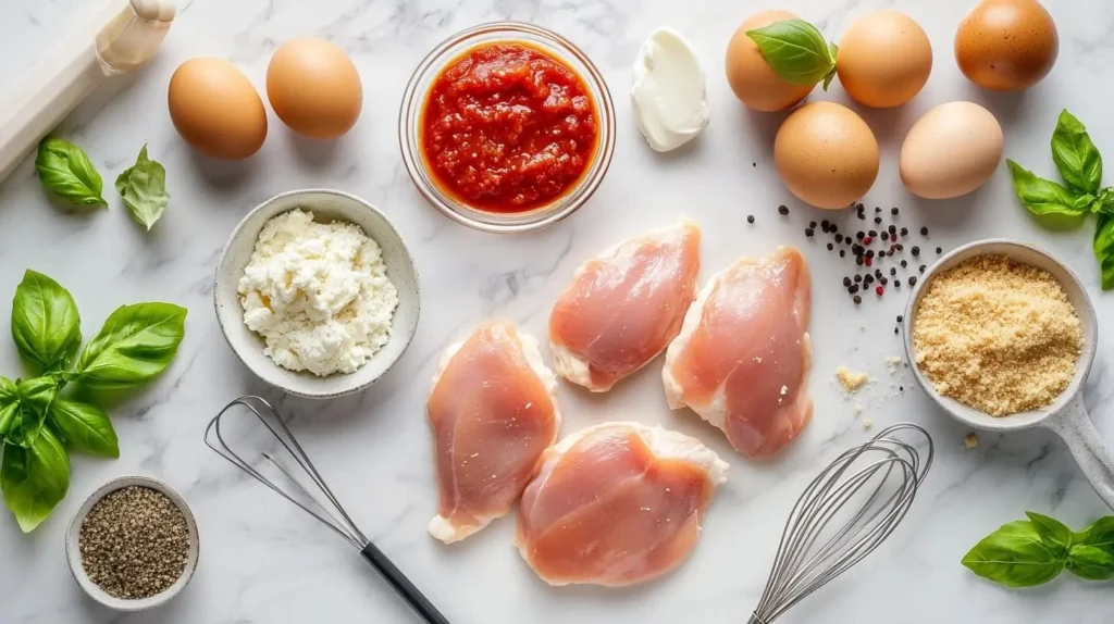 A flat lay of Chicken Parmesan ingredients, including chicken breasts, breadcrumbs, Parmesan, mozzarella, marinara sauce, and fresh basil, displayed on a marble countertop.

