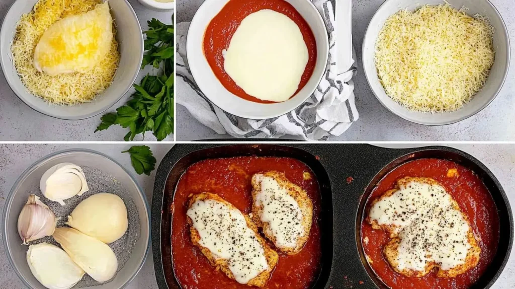 A four-step visual guide to making Chicken Parmesan, from breading and frying to baking and serving, displayed on a marble countertop.

