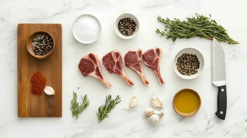 A flat lay of fresh lamb lollipop ingredients, including raw lamb chops, olive oil, garlic, rosemary, thyme, and spices, displayed on a marble countertop.