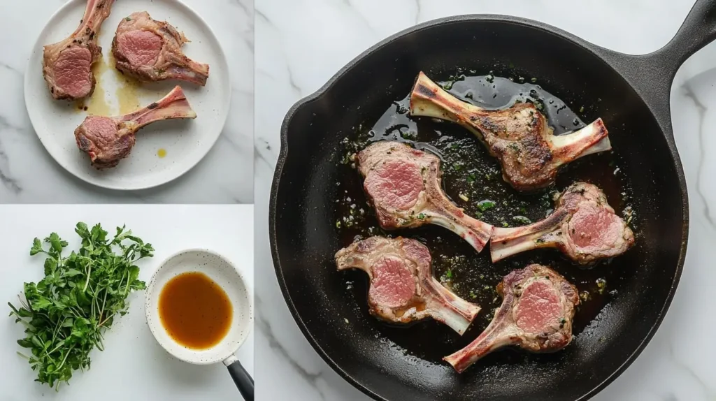 A four-step visual guide to cooking lamb lollipops, from seasoning and searing to plating and garnishing, set on a marble countertop.