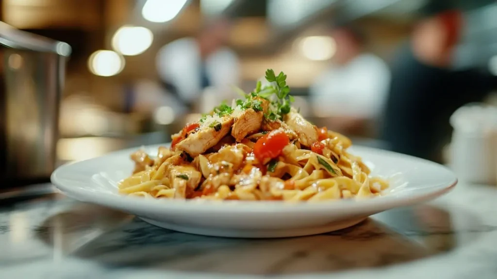 A beautifully plated Lemon Chicken Pasta dish, coated in a lemon butter sauce, topped with sliced chicken and Parmesan.