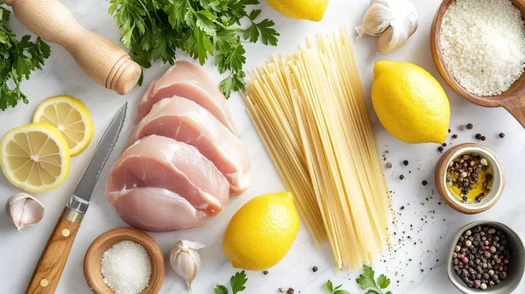 A flat lay of fresh ingredients for Lemon Chicken Pasta, including chicken, pasta, lemons, garlic, Parmesan, and olive oil, arranged on a marble countertop.

