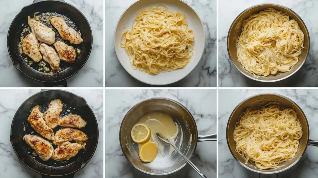 A four-step visual guide to making Lemon Chicken Pasta, from searing chicken and boiling pasta to preparing lemon sauce and serving, set on a marble countertop.

