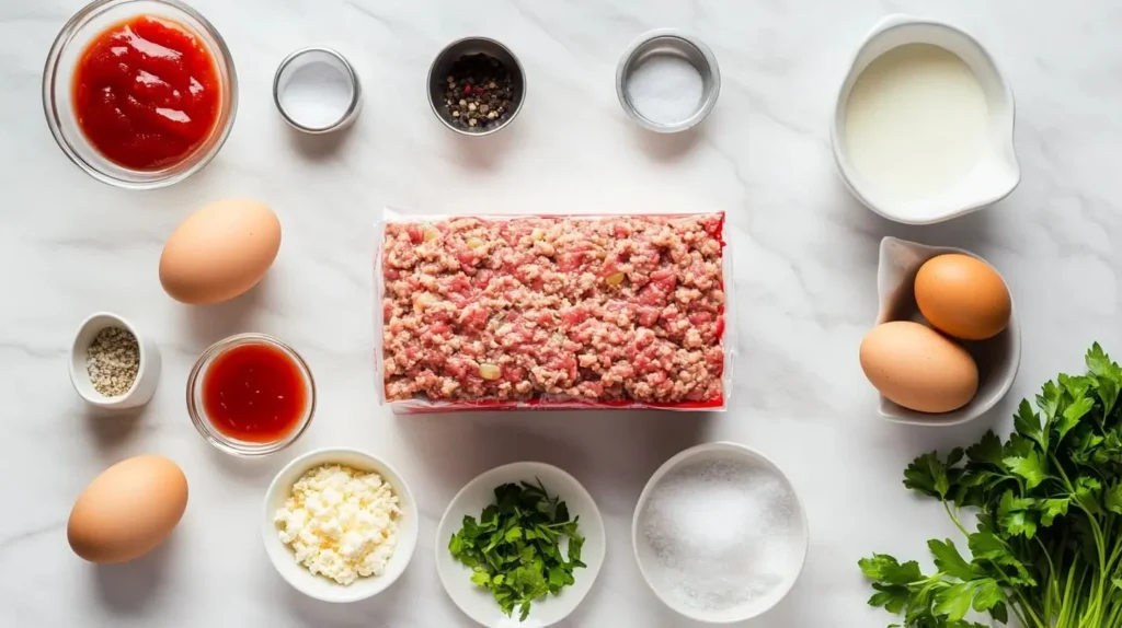 A flat lay of Stove Top Stuffing Meatloaf ingredients, including stuffing mix, ground beef, eggs, ketchup, and Worcestershire sauce, displayed on a marble countertop.

