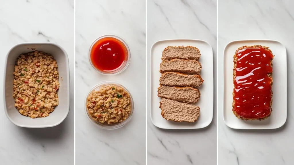 A four-step guide to making Stove Top Stuffing Meatloaf, from mixing ingredients to baking and slicing, presented on a marble countertop.

