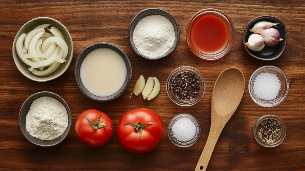 A flat lay of tomato gravy ingredients including fresh tomatoes, flour, butter, onions, garlic, chicken broth, and seasonings on a wooden surface.