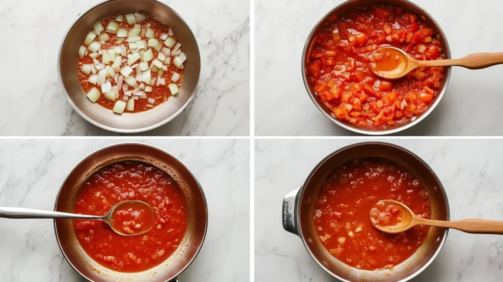 A four-step guide showing how to make tomato gravy, from sautéing onions and garlic, making a roux, adding tomatoes and broth