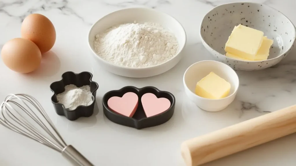 A flat lay of Valentine cookie ingredients including flour, sugar, butter, and heart-shaped cookie cutters on a clean white marble countertop.

