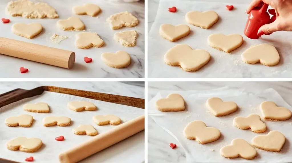 A four-step process of making Valentine cookies, from rolling dough to decorating with icing, displayed on a white marble countertop.