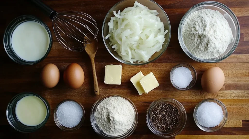 A flat lay of Amish onion cake ingredients, including flour, sour cream, eggs, sliced onions, butter, milk, and seasonings on a wooden surface.