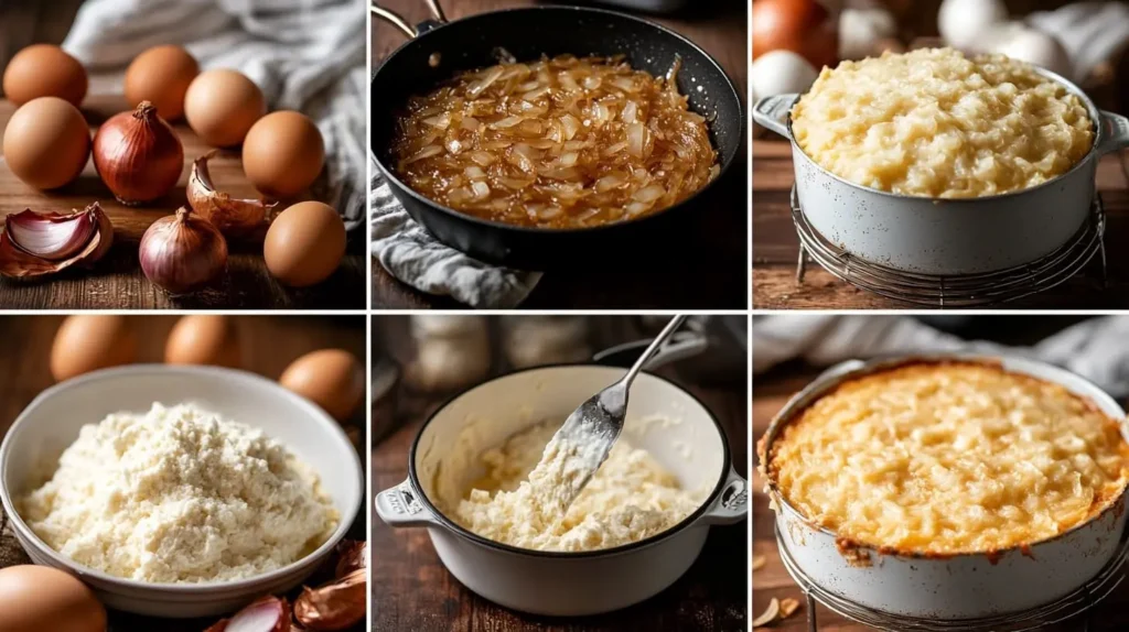 A step-by-step collage showing how to make Amish onion cake, from caramelizing onions and mixing batter to baking and cooling the cake.