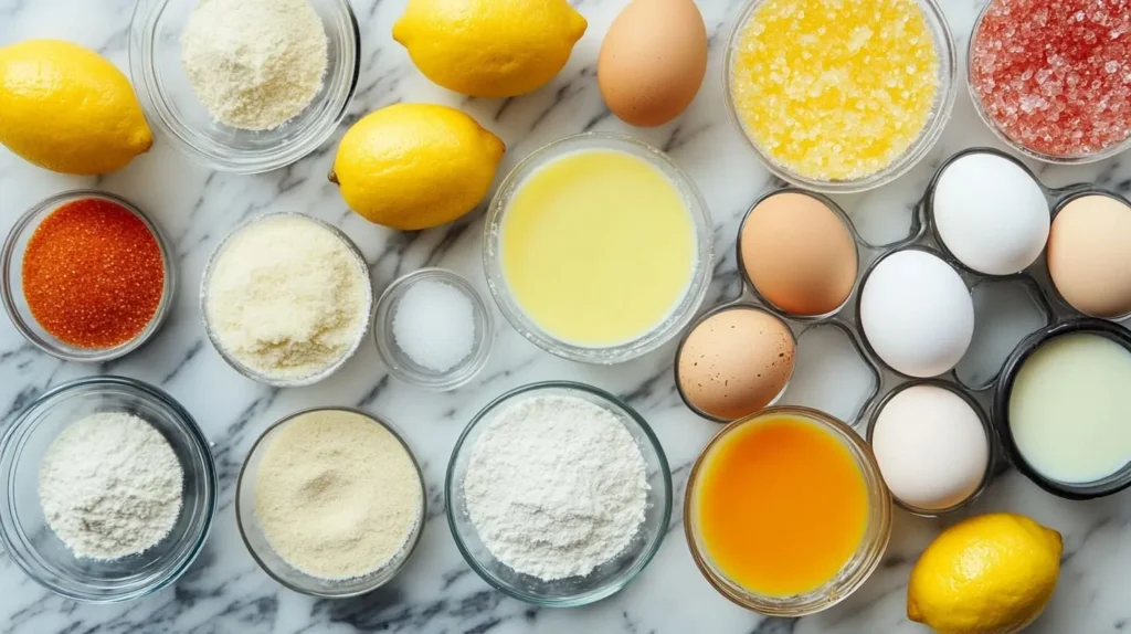 Vibrant ingredients for baby lemon impossible pies, including eggs, milk, sugar, flour, lemons, and melted butter, arranged neatly on a marble countertop.